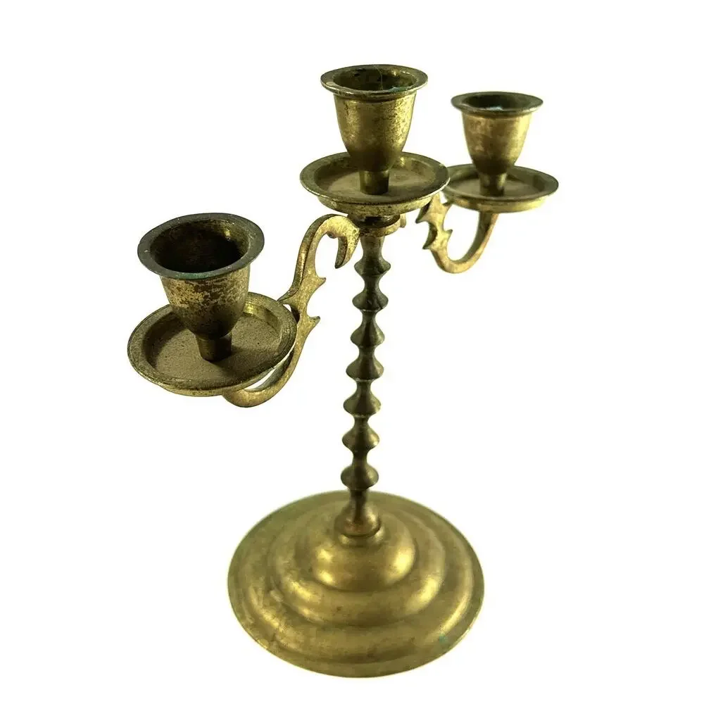 Vintage Brass 3 Arm Candelabra Candlestick Holder Gothic Spanish Colonial 7.5”